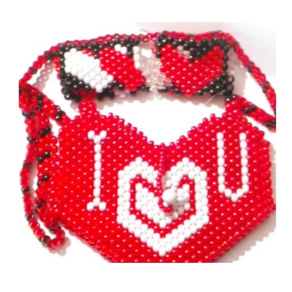 Kandi Bazaar Jewelry - Red Heart Smily Face Pouch Pony beads Handmade and Two Kandi Cuffs with Hearts